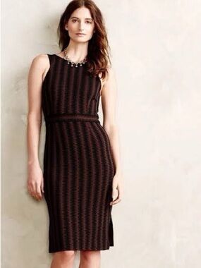 Anthropologie Maeve Meridian Midi Dress Texture Chevron Black Brown Size S